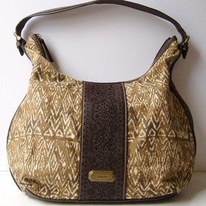 Chaps Brown Fabric Hobo Tote Shoulder Hand Bag Purse Pockets Adjustable Strap